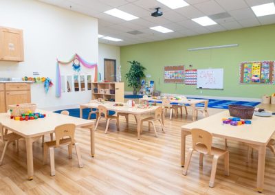 A large classroom with group tables and baskets of toys.