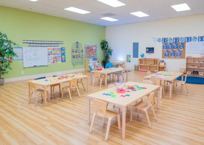 A large classroom with group tables, learn materials, and art supplies.