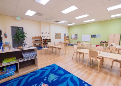 A large Safari Kid classroom with group tables, a play area, and classroom decorations.